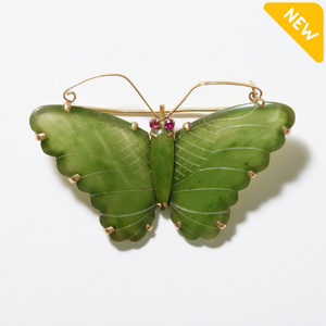 Carved Green Jade, Ruby and 14K Gold Butterfly