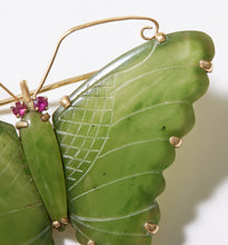 Load image into Gallery viewer, Carved Green Jade, Ruby and 14K Gold Butterfly
