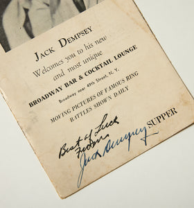 Jack Dempsey Autographed Eponymous Times Square Restaurant Menu