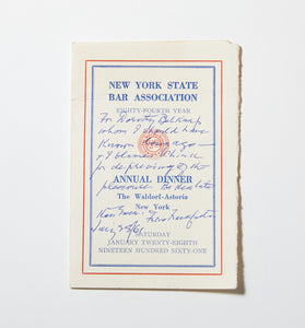 Felix Frankfurter Autographed & Enscribed NY Bar Association Annual Dinner Menu