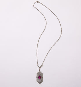 Antique 10K White Gold and Synthetic Ruby Necklace